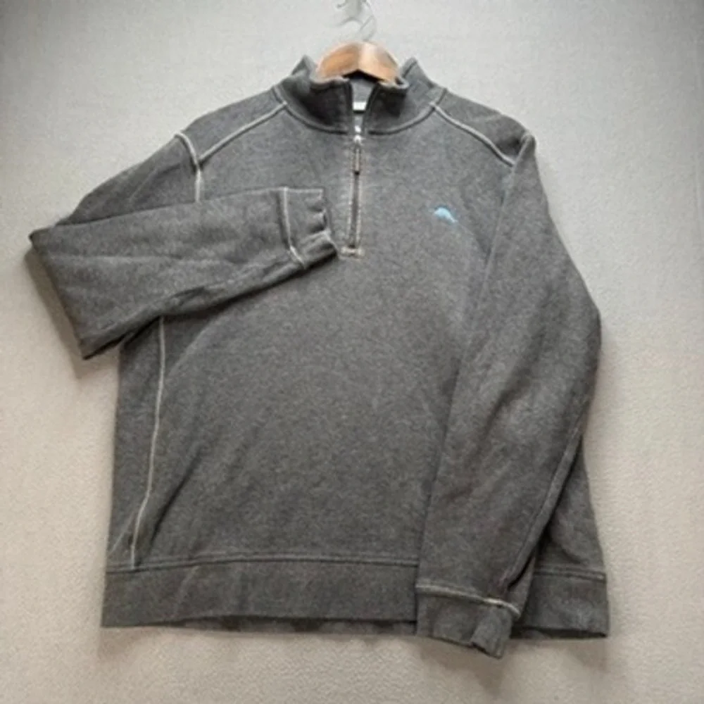 Tommy Bahama Relax Quarter Zip Pullover Sweater Relaxed Medium Gray Cotton Logo